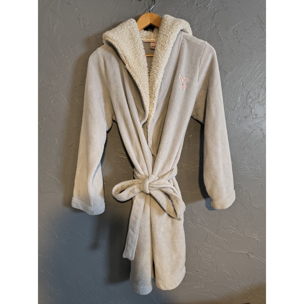 Victoria Secret Robe Size‎ M/L Cream Sherpa Hood Belt Pockets Logo Home Spa